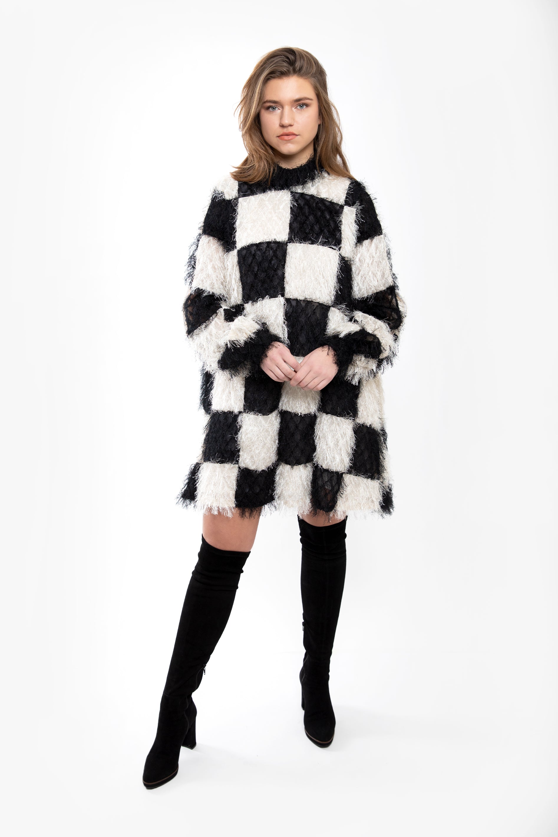 Fuzzy Checkered Mini-Dress Black And ...
